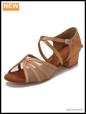 Low Heel Ballroom Dance Shoes Satin Mesh 1.5 Inch Cuban Heel